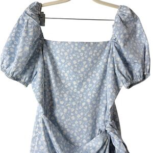 The Frolic Mini Wrap Dress Woven Women's 12 Blue Floral Puff Sleeve Boho Chic